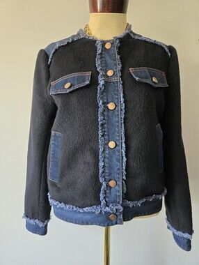 Miss Sixty Black Mohair, Wool And  Blue Denim Trim Frayed Raw Jacket. Size M